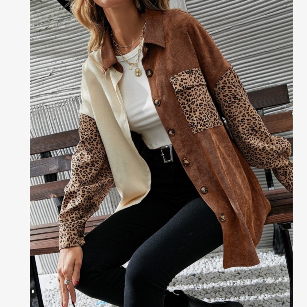 Cozy Corduroy  Oversized Relaxed fit Leopard Print Patch Work Button Down Shirt - Picture 11 of 16